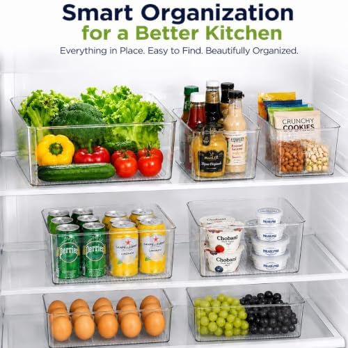 Set of 5 Stackable Fridge Organizers and Storage Bins, 2 Small, 2 Medium & 1 Large Clear Plastic Pantry Organizer Bins w