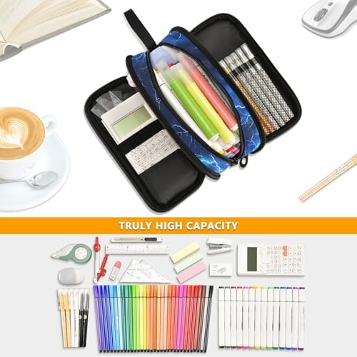 Custom Blue Electric Lightning Pencil Case Box Boys Girls Personalized Name Large Pencil Pouch Stationery Pen Bag Organizer for Kids Adults School Office