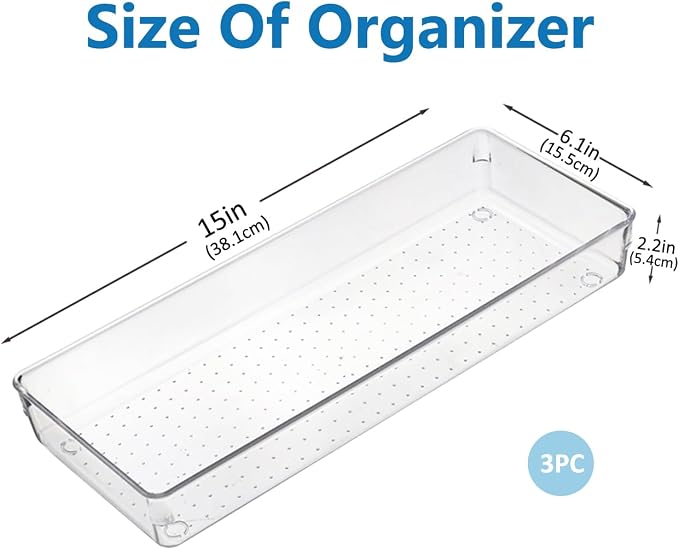 Kutesna 3 Pcs Large Clear Drawer Organizer Set, 15" X 6" Desk Drawer Organizers Trays with Non-Slip Silicone Pads, Storage Bins for Makeup, Office, Kitchen Gadgets Utensils, Bedroom, Tools, Bathroom