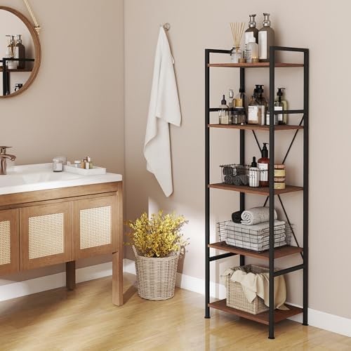 5 Tier Industrial Bookshelf, Storage Organizer, Walnut