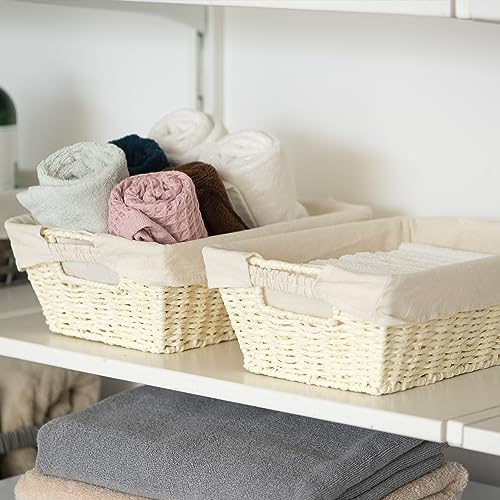 JS HOME Wicker Storage Baskets with Liners, Round Paper Rope Storage Baskets with Built-in Handles Handwoven Shelf Baske