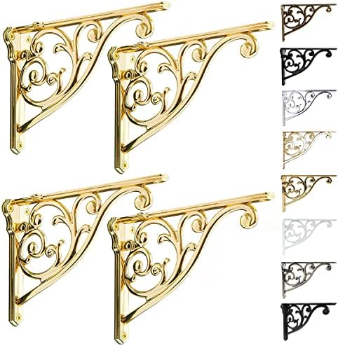khtumeware Shelf Brackets 8 Inch 4pack Heavy Duty Gold Brass Wall Bracket Baroque Kitchen Decorative Rack Shelves, Inclu