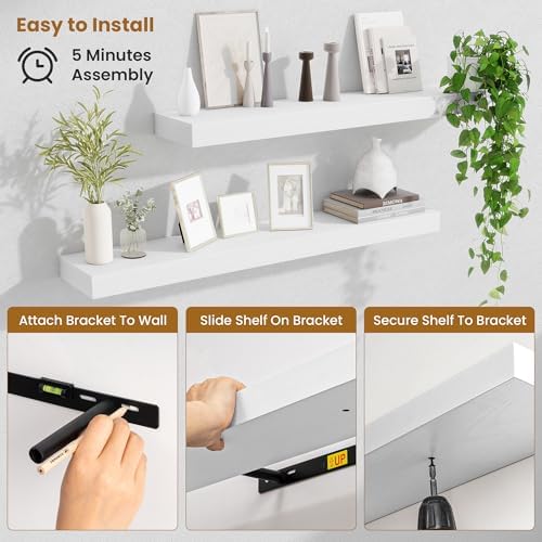 Fun Memories Floating Shelves for Room Wall, 36 Inch Long Shelf Set of 2， Hanging Wood Shelves for Storage & Display, Wh