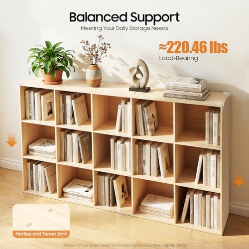 15-Cube Solid Wood Bookshelf, 3-Tier Storage Organizer Semi-Open Floor Display Shelf Closet Cabinet for Home Office Libr