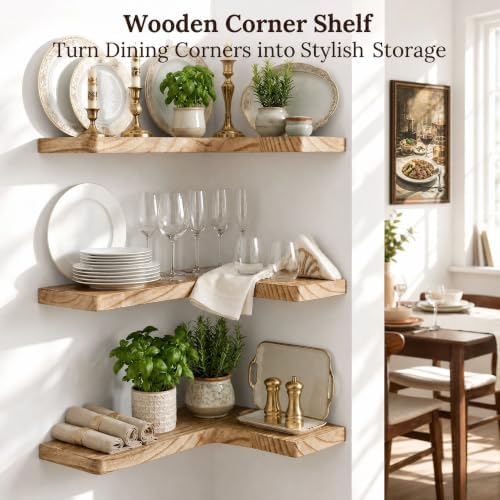 16" Solid Wood Floating Corner Shelves, 3 Pack, Carbonized Brown