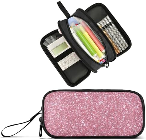 Wfrish Pencil Case Big Capacity for Girl Boy Rose Pink Glitter Sparkle Student Pencil bag Pen Pouch Large Stationery 3 Compartments Zippers Organizer School College Office Teens Adults