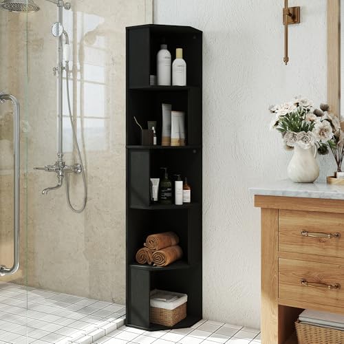 5 Tier Black Skinny Corner Display Shelf Unit, Wooden Bookshelf Corner Storage Shelves with 5 Cubes, Wood Skinny Small B