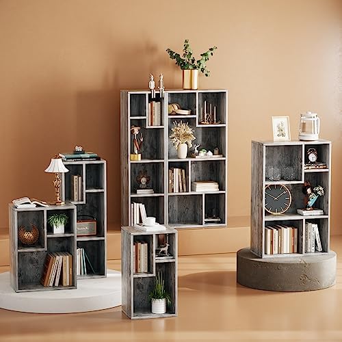 VECELO Small Gray Bookshelf, Freestanding 3 Open Cubby Storage Cabinet with Uneven Compartments, Thickened Board, Fits L