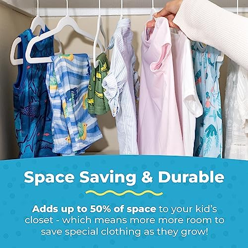 Fontaines Luxury Kid's White Velvet Felt Non Slip Clothes Hangers 50 Pack - Ultra Slim & Space Saving - Heavy Duty Swivel Black Hook for Children's Clothing, Shirt, Dress, Skirt & Pants Organization