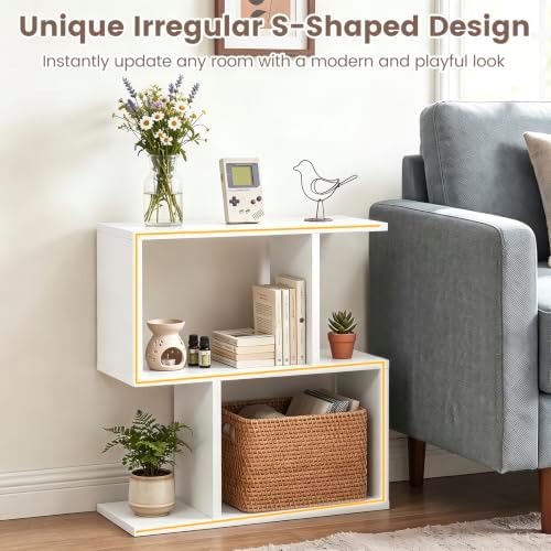 Tangkula 2 Tier Geometric Bookshelf, Freestanding Wood Display Shelf, Home Office Room Divider S Shaped Open Bookcase, S