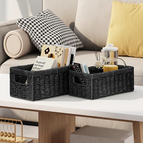 Vagusicc Wicker Storage Basket, Set of 2 Hand-Woven Paper Rope Wicker Baskets for Organizing Decor Storage Bins for Coun