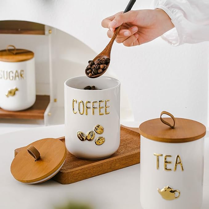 Simcat 27oz Ceramic Canister Set with Airtight Seal Bamboo Lid and Silicone Seal Damp-Proof Kitchen Jar Tea Coffee Sugar Canister Set Food Storage Containers (Portable sealed jar-(coffee))