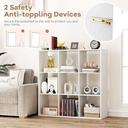 DORTALA 9 Cube Bookcase, Floor Standing Bookshelf with Open Back, Anti-Tipping Kits, Modern Storage Organizer Display Sh