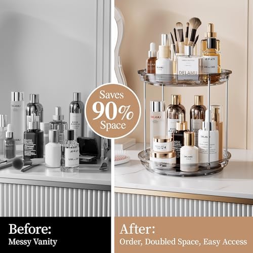 Delamu 2 Tier Rotating Makeup Organizer for Vanity, Skincare Organizer for Bathroom Counter, Spinning Perfume Organizer 