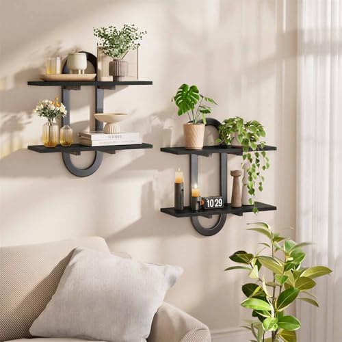 Floating Shelves, 2Pcs Wall Mounted Shelves with 2-Tier Bathroom Hanging Storage Shelves Set for Living Room Bedroom Bat