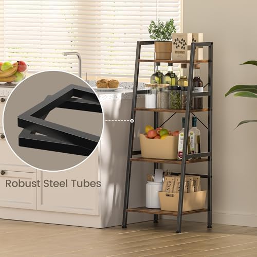4-Tier Bookshelf, Ladder Shelf, Stand Up Shelves, Industrial Bookcase with Steel Frame, Metal Small Bookcase, for Living