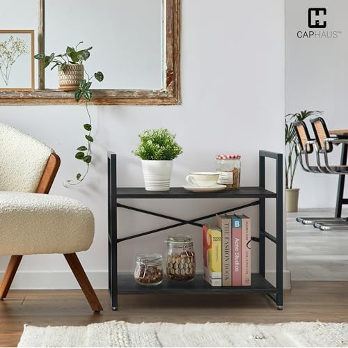 CAPHAUS 2 Tier Small Bookshelf, Bookcase Shelf Storage Organizer for Living Room, 24 Inch Width Free Standing Shelf, Ind