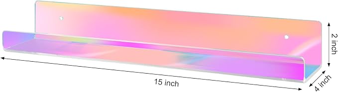 Dezzer 4 Pack Acrylic Shelves for Wall, 15" Acrylic Floating Shelves for Bathroom Bedroom, Invisible Bookshelf Wall Ledge Storage Shelf Books Perfume Toys Action Figure Display Shelves, Iridescent