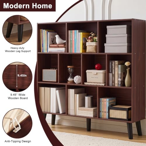 YAHARBO 10 Cube Walnut Bookshelf,3 Tier Book Shelf with Legs,Modern Minimalist Bookcase,Open Book Shelves Storage Organi