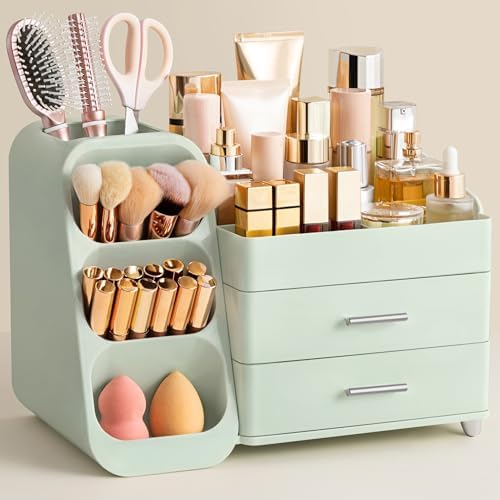 HBlife Makeup Organizer with Brush Holder for Vanity, Large Plastic Bathroom Countertop Organizer Skin Care Storage, Eas