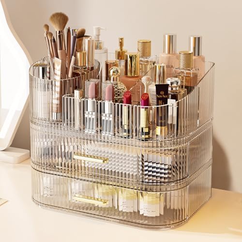 Makeup Organizer with 360 Rotating Brush Holder and Stackable Drawers, Cosmetic Display Case for Vanity, Bathroom Counte
