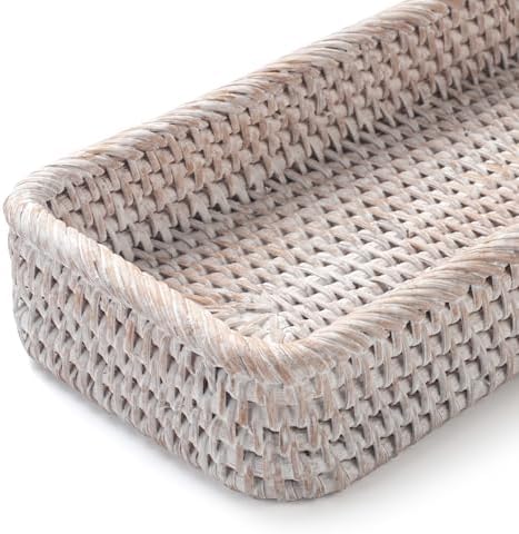 Rattan Bathroom Vanity Trays Toilet Tank Baskets Long Narrow Hand Towel Storage Basket for Storage, Decorative (Whitewas