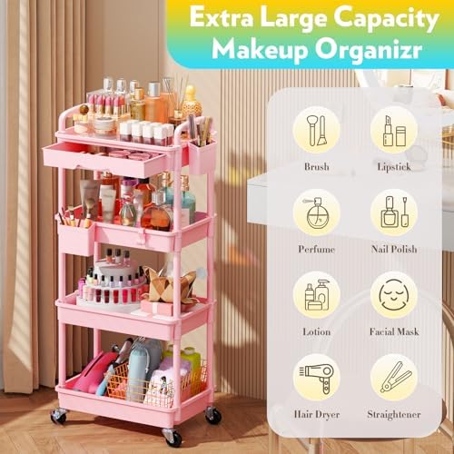 SUNALLY Makeup Cart Organizer with Drawer, 4 Tier Rolling Makeup Cart, Pink