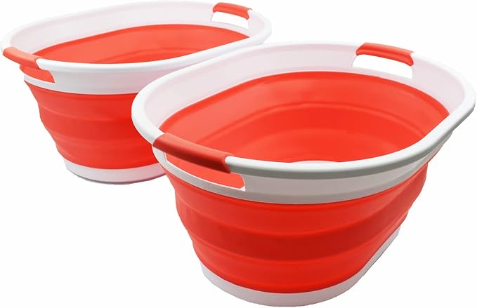 SAMMART 28L (7.4 gallon) Collapsible Plastic Laundry Basket-Oval Tub/Basket - Portable Washing Tub-Space Saving Laundry Hamper, Water capacity: 22L (5.8 gallon) (2, White/Orange Red)