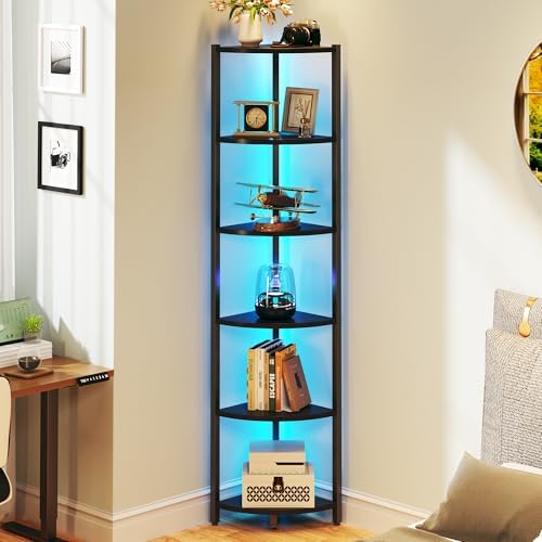 Corner Shelf with LED Lights, 6-Tier Corner Bookshelf, 66'' Organizer Book Shelf Shelves Steel Frame Display Stand with 