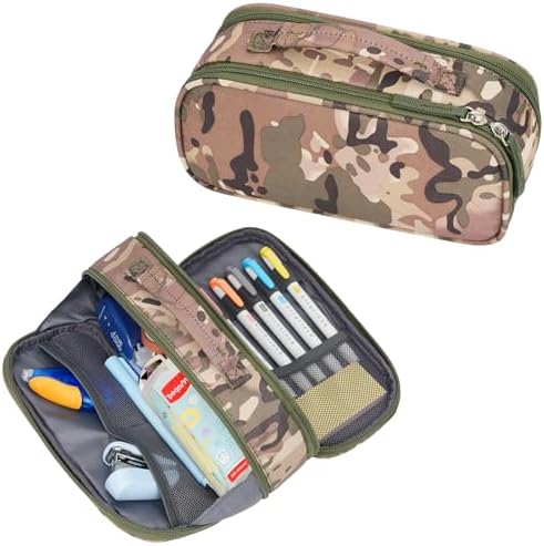 ECHSRT Large Tactical Pencil Case, 3-Compartment Zipper Pouch, Camo Green