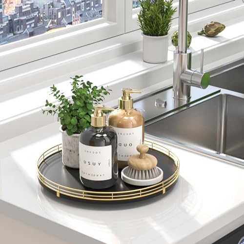 Oroyutor 13-Inch Oak Lazy Susan Vanity Tray with Gold Metal Rail