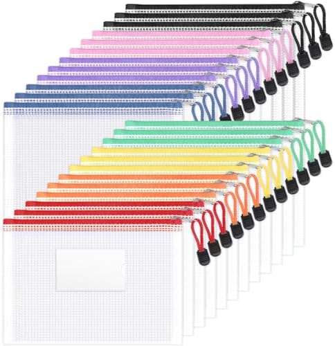 Sooez 24 Pack Mesh Zipper Pouch Bags with Label Pocket, A5 (9.4×6.8 in) Small Pencil Case Pouch for Organizing, Clear Plastic Pencil Pouches Bulk for School Supplies Storage, Money Envelopes for Cash