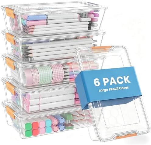 Sooez 6 Pack Pencil Boxes, New Extra Large Pencil Case, Stackable Crayon Pen Box, Clear Marker Organizer Craft Storage, Plastic Containers with Lids, Art Storage Box for School Supplies, Orange
