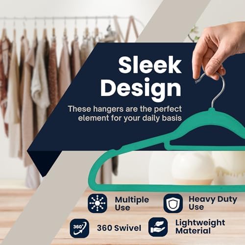 Velvet Hangers 20 Pack - Non-Slip Clothes Hangers with 360° Swivel Hook & Tie Organisers, Slim, Space-Saving Closet Hangers for Coats, Suits & Dresses - Wardrobe Organiser (Teal)