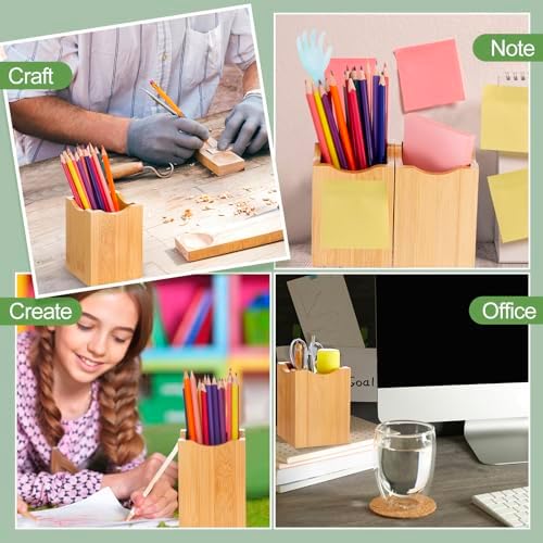 Henoyso 2 Pcs Bamboo Wood Pen Holder Wavy, Square Desktop Organizer