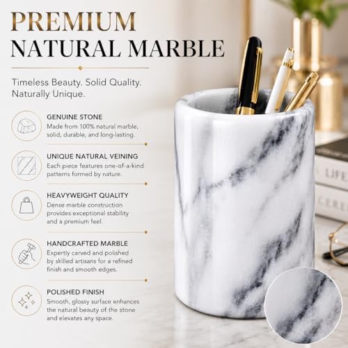 Creative Home White Marble Pen Holder, Heavy Stone Pencil Cup Organizer for Desk