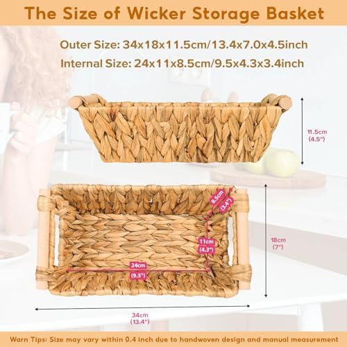 Small Wicker Baskets for Organizing, Water Hyacinth Wicker Storage Basket with Handle, Pantry Baskets for Shelves, Toile