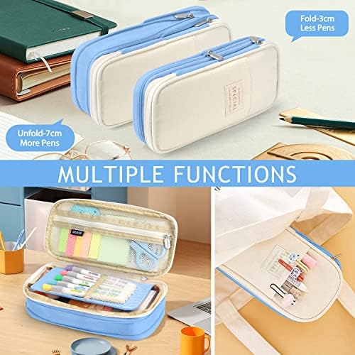 KPX Big Capacity Pencil Pen Case Bag with Zipper Office College School Storage Large Capacity Bag Pouch Holder Box Organizer Colorful (Light Blue)