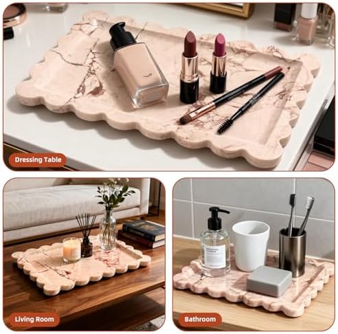 Yew & Tulip Natural Marble Vanity Tray with Scalloped Rim, Nature Rose Pink Luxury Stone Serving Tray for Bathroom, Kitc