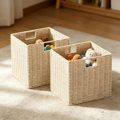 Vagusicc Wicker Storage Basket, Set of 2 Hand-Woven Paper Rope Wicker Baskets, Foldable Cube Storage Bins, Beige Storage