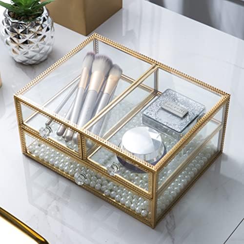 Vellon Gold Glass Box Makeup Organizer, Glass Jewelry Drawer, Vintage Jewel Organizer, Desktop Cosmetic Storage, Makeup 