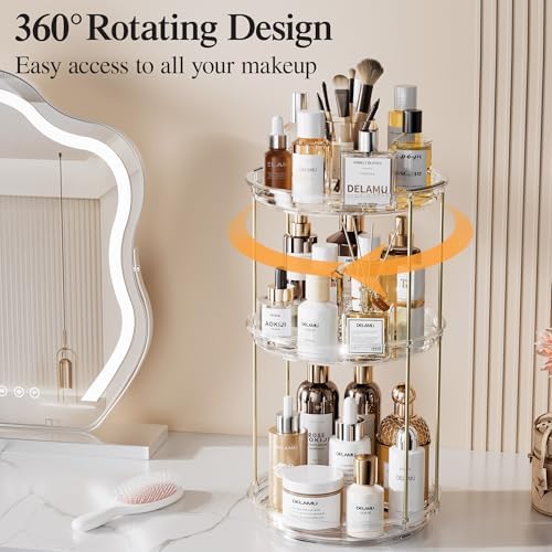 Delamu 3 Tier Rotating Makeup Organizer for Vanity, Bathroom Counter Organizer with Stackable Design, Spinning Skincare 