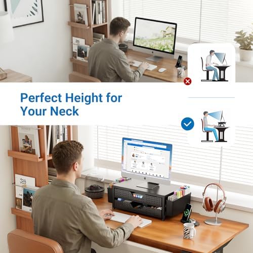 OPNICE Desk Organizer and Accessories, 2-Tier Computer Monitor Stand Riser with Drawer and 2 Pen Holders, Laptop Stand, 
