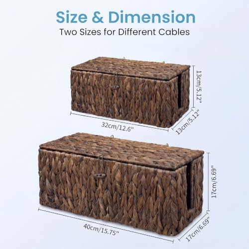 efluky 2 Pack Water Hyacinth Floor Cord Covers with Lid, Hand-Woven Cable Management Box, 2 Open Slots Cord Box to to Hi
