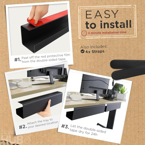 Scanfield Under Desk Cable Management Tray, No-Screw, 17-Inch, 4-Pack Black
