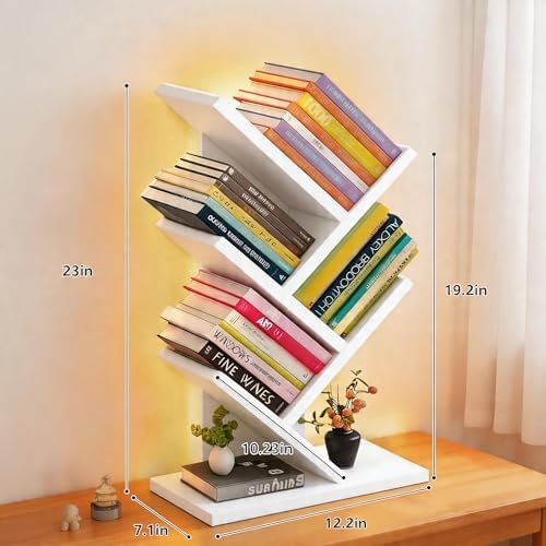 Godferyxin Small Bookshelf with Liting,5-Tier Desktop White Bookshelf LED