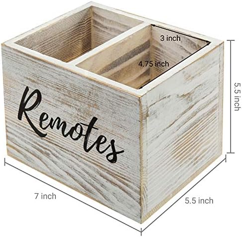 MyGift Remote Control Holder,TV Remote Holder,Wood Remote Caddy for Table,2 Large Compartment,Shabby Whitewashed Solid Wood with Black Cursive Remotes Label