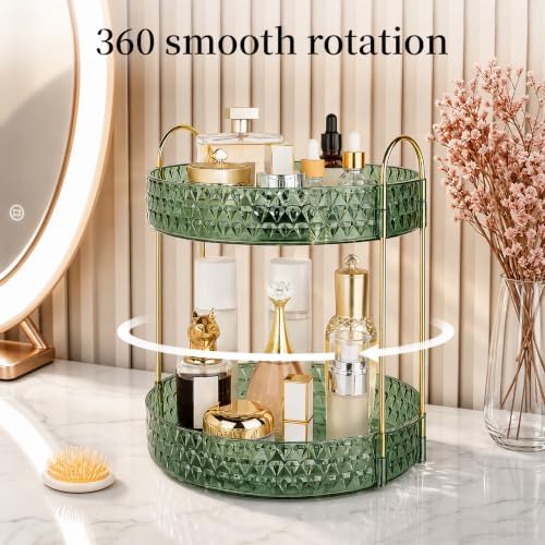 Large Capacity Rotating Makeup Organizer Perfume Stand Holder, 2 Tier Green