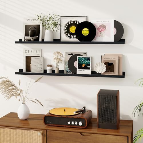 Dreamland Picture Ledge Shelf for Wall, Floating Shelves Set of 2, 48 Inch Long Floating Shelves with Lip for Living Room, Bedroom, Bathroom, Kitchen, Black