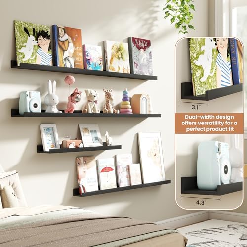 Fun Memories Picture Ledge Shelves Set of 4, 24 Inch Rustic Wall Mounted Floating Shelves with Lip for Home Storage and 